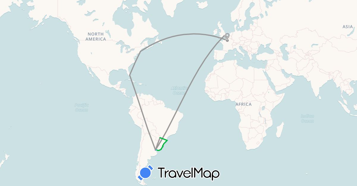TravelMap itinerary: bus, plane, boat in Argentina, Brazil, France, United Kingdom, United States, Uruguay (Europe, North America, South America)