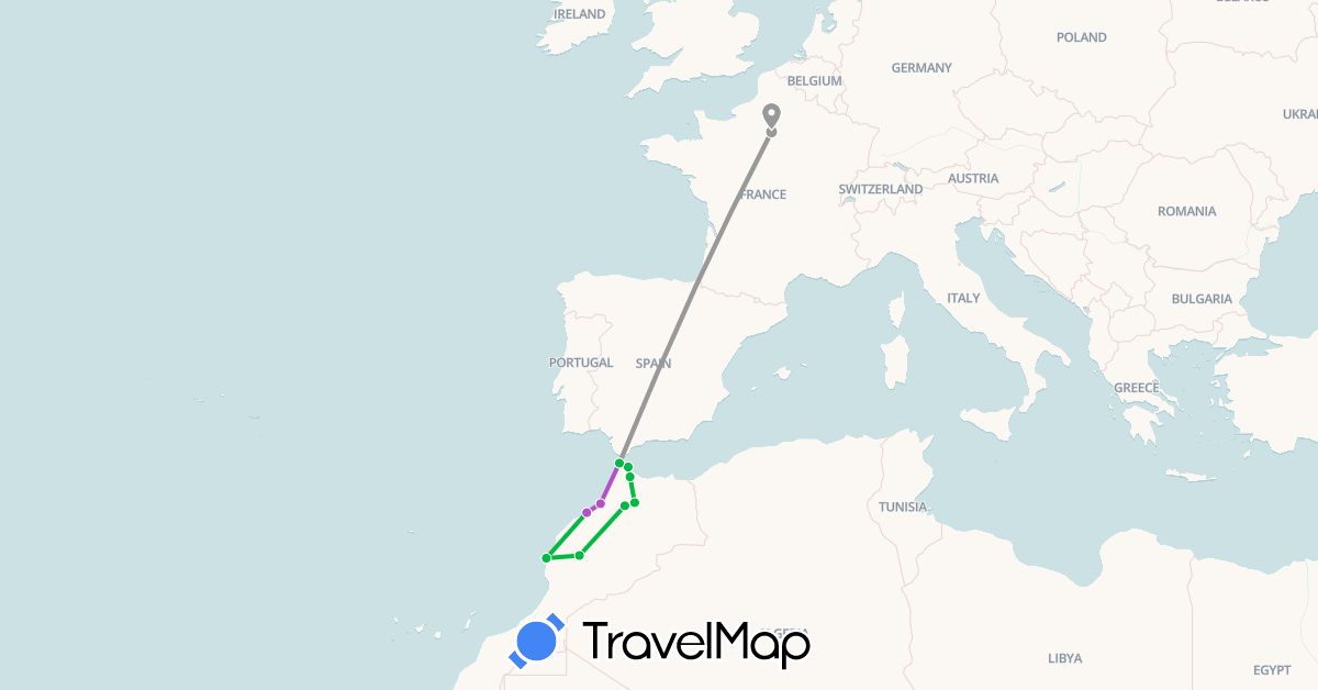 TravelMap itinerary: driving, bus, plane, train in France, Morocco (Africa, Europe)