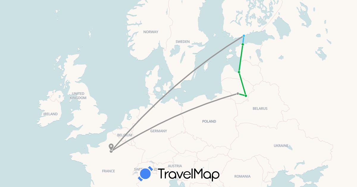 TravelMap itinerary: driving, bus, plane, boat in Estonia, Finland, France, Lithuania, Latvia (Europe)
