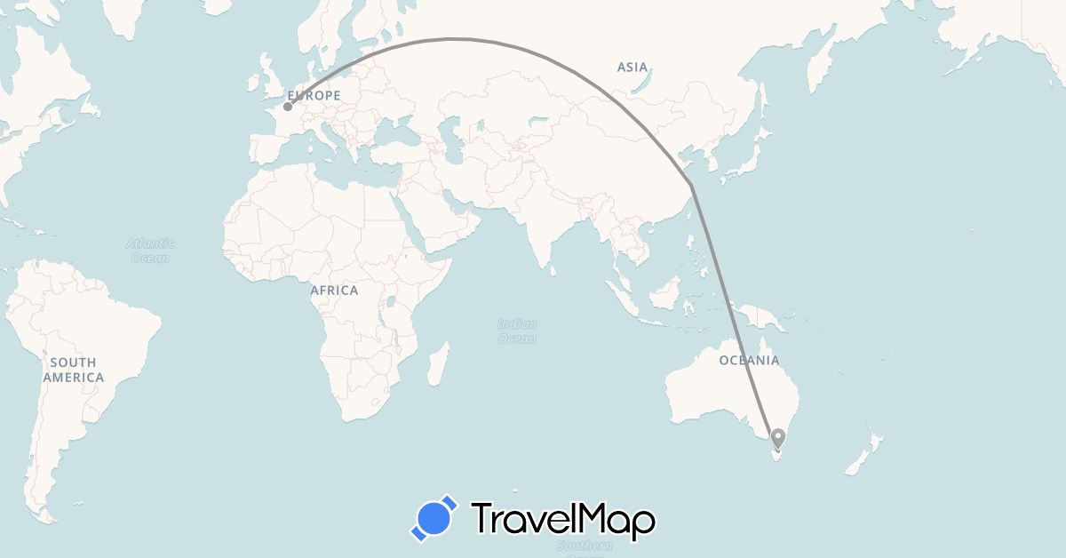 TravelMap itinerary: driving, plane in Australia, China, France (Asia, Europe, Oceania)